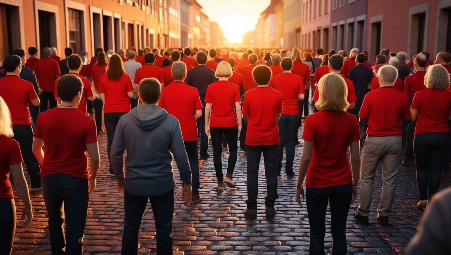 Uma multidão de pessoas de costas com a maioria das pessoas com camisetas vermelhas.jpg