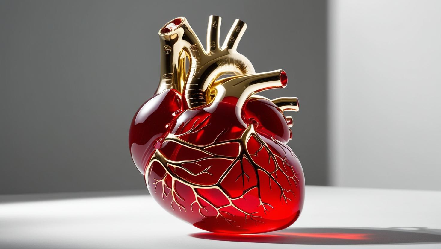 coração humano de vidro vermelho com veias douradas.jpg