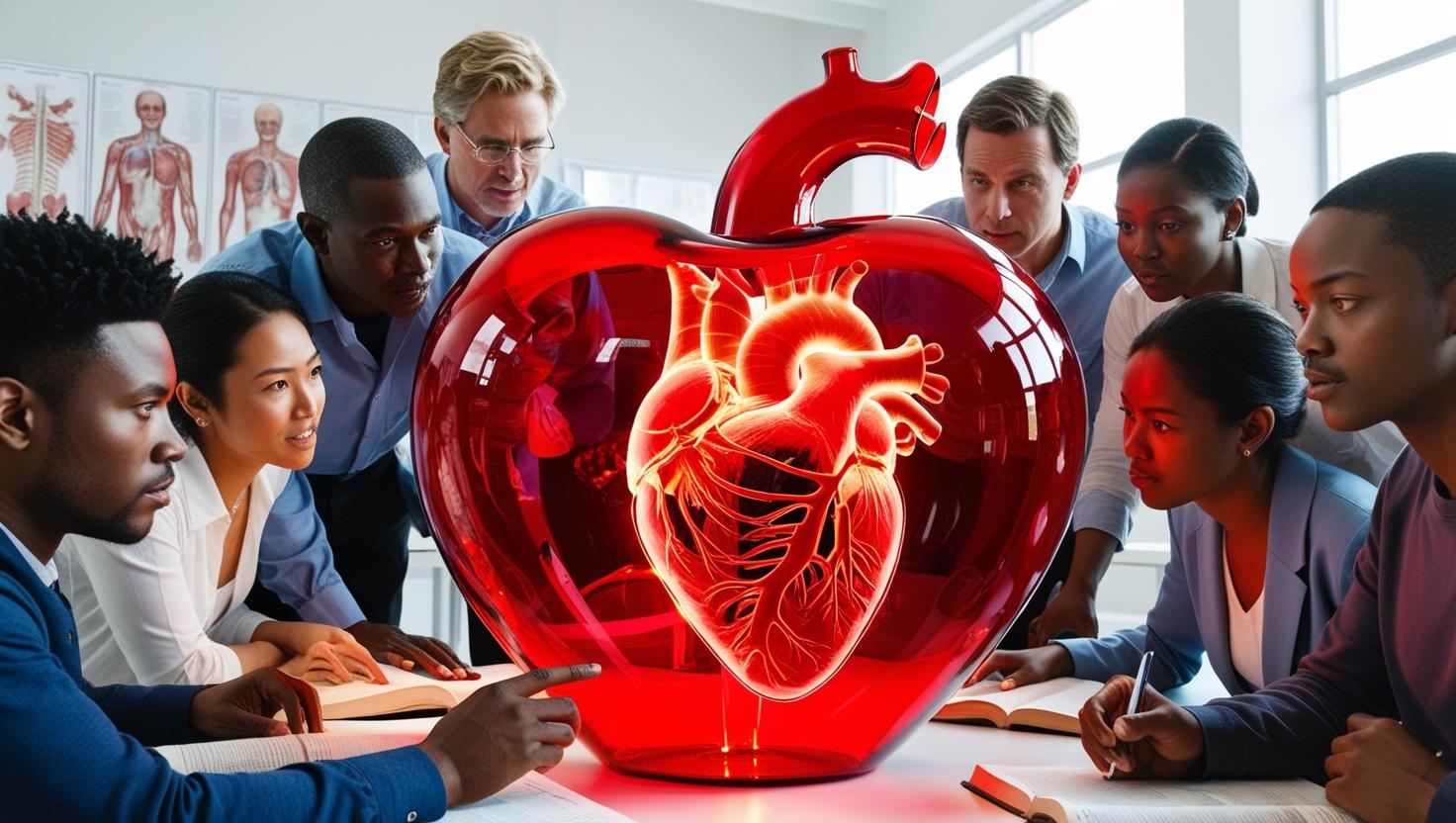 imagem pessoas adultas estudando sobre o coração, representado por um coração de vidro vermelho (2).jpg