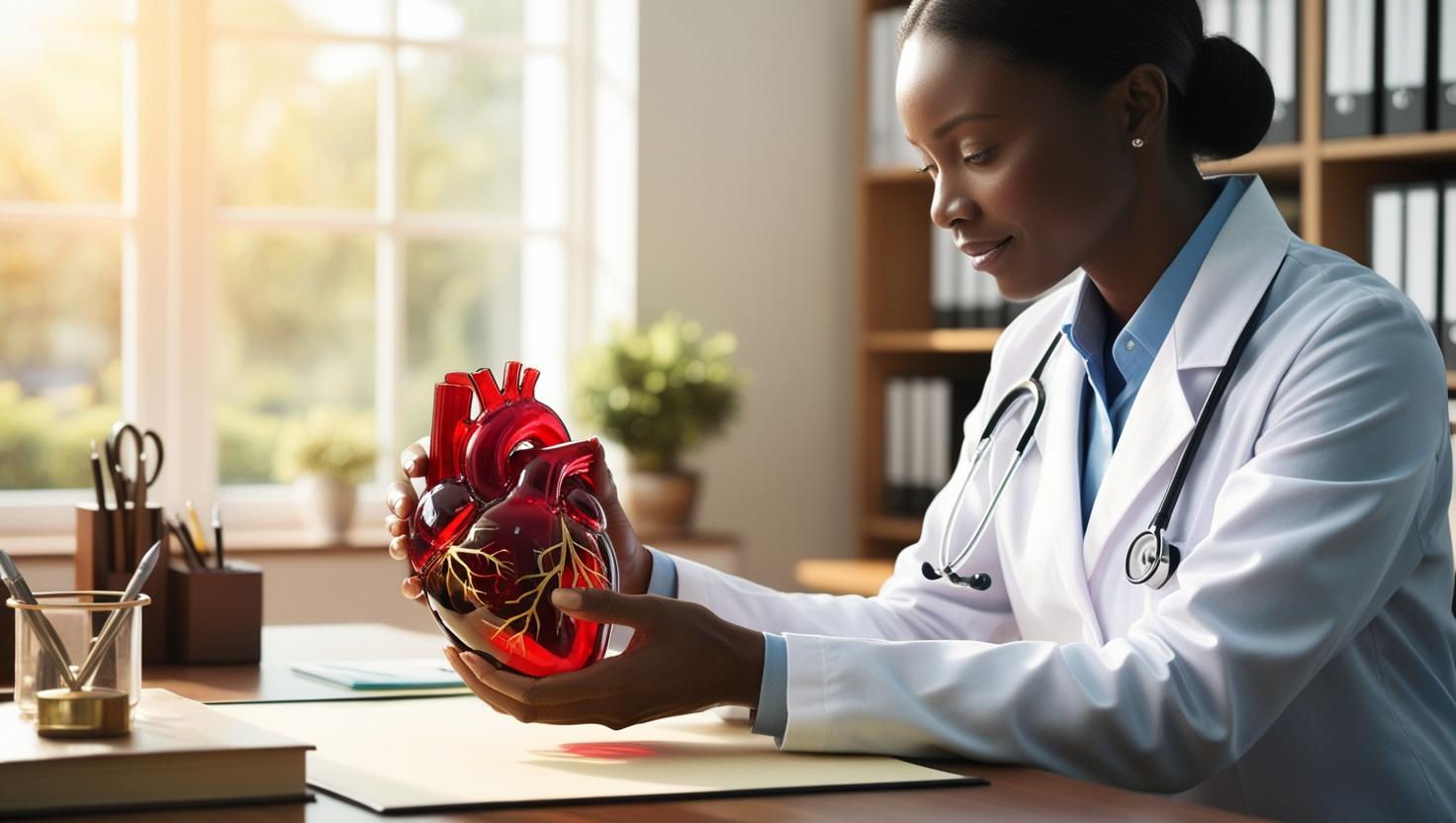médico em um consultório segurando e olhando um coração de vidro vermelho com veias douradas.jpg