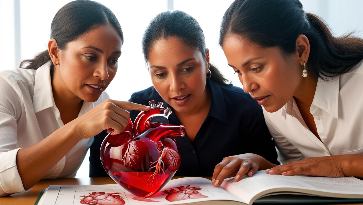 imagem pessoas adultas estudando sobre o coração, representado por um coração de vidro vermelho (3).jpg